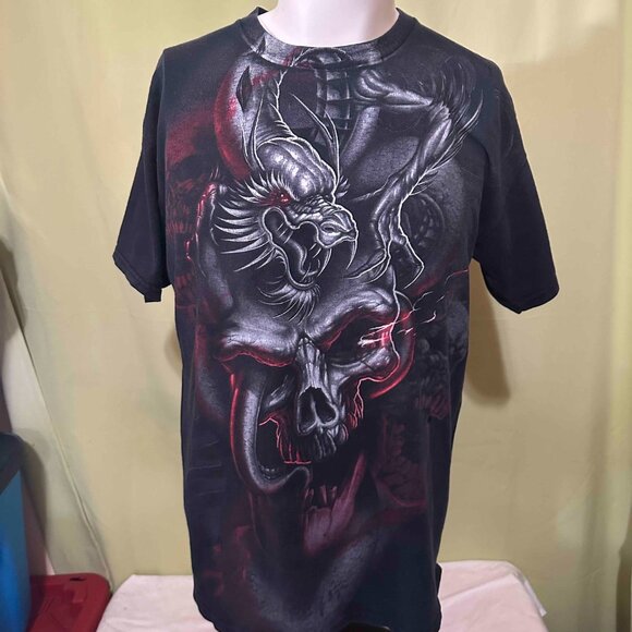 Dragon Skull Design Graphic Men's Black T Shirt Size 2XL XXL - Picture 2 of 3